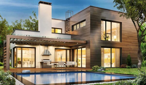 A modern home with an in-ground pool.