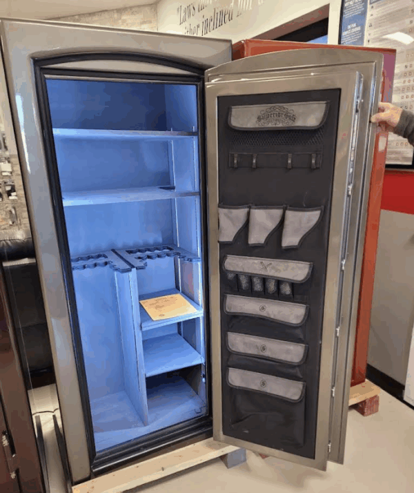 A Champion gun safe seen featured in the storefront of Frog's Safe & Key in Amarillo, Texas.