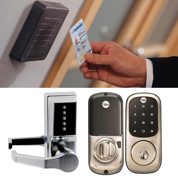 Clockwise from top: commercial keycard reader, smart lock, and a weatheproof keypad lock