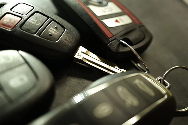 Several car key fobs laying together on a table.