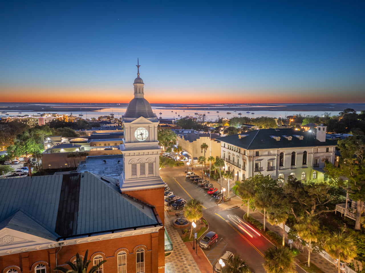 A overhead shot of downtown Pensacola, FL at dusk.