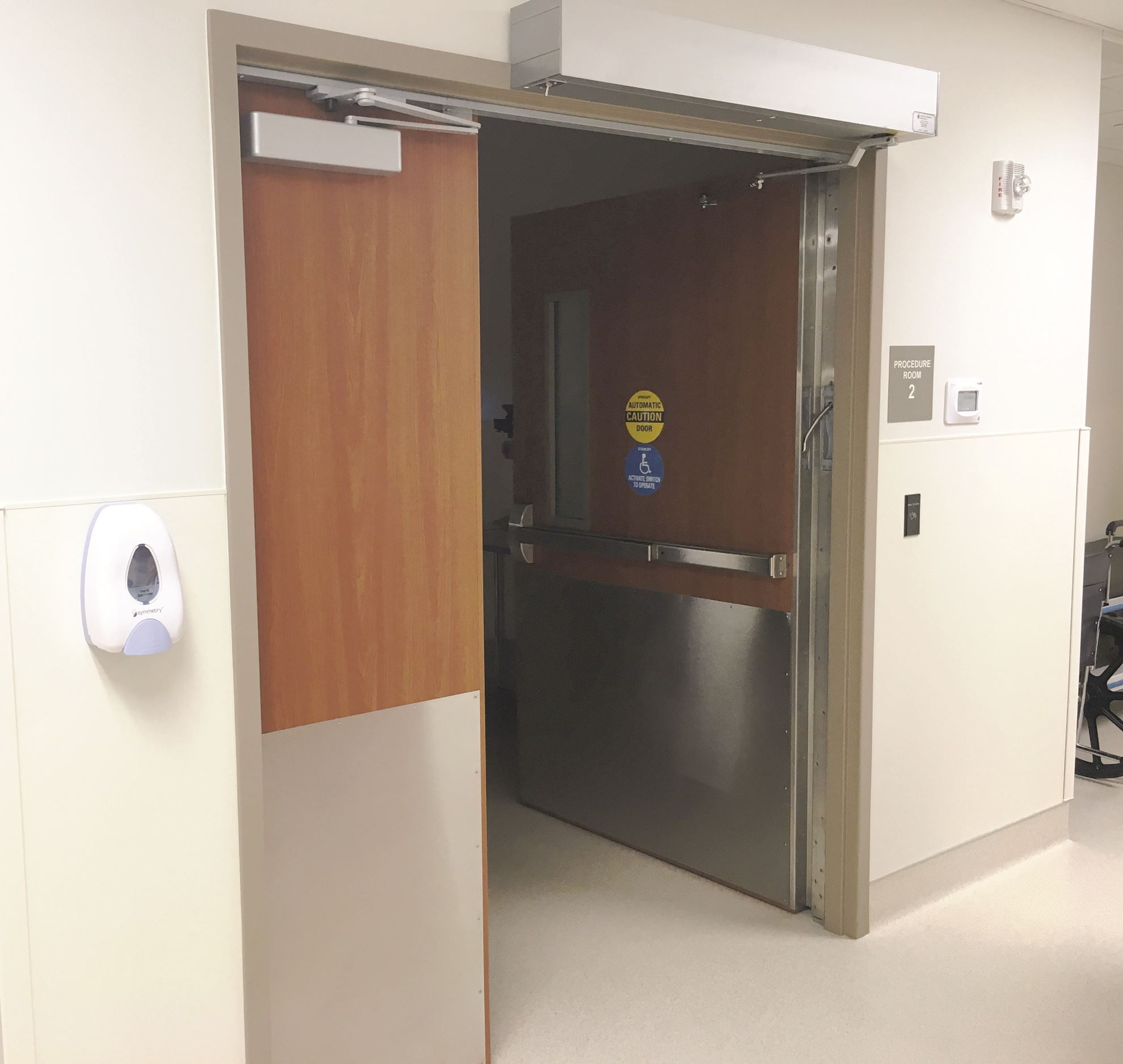 Continuous hinges installed on commercial doors in a hospital